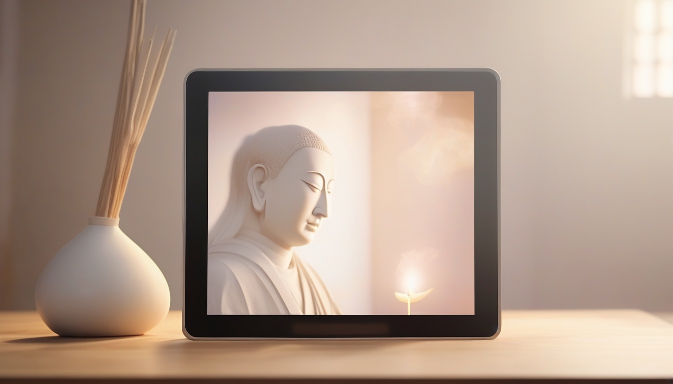 タブレットが柔らかな光を灯す現代的なメモリアル空間のイメージ