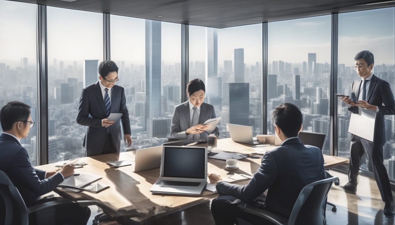 東京のオフィスで新規事業戦略を協議する経営陣
