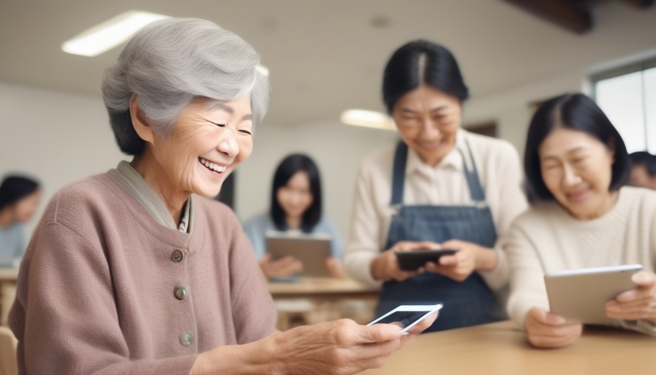 スマートフォン教室で学ぶシニア女性と講師