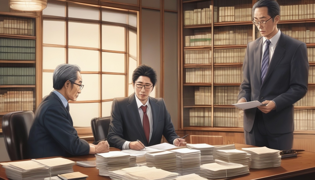 法律事務所で相続の相談を受ける夫婦と弁護士